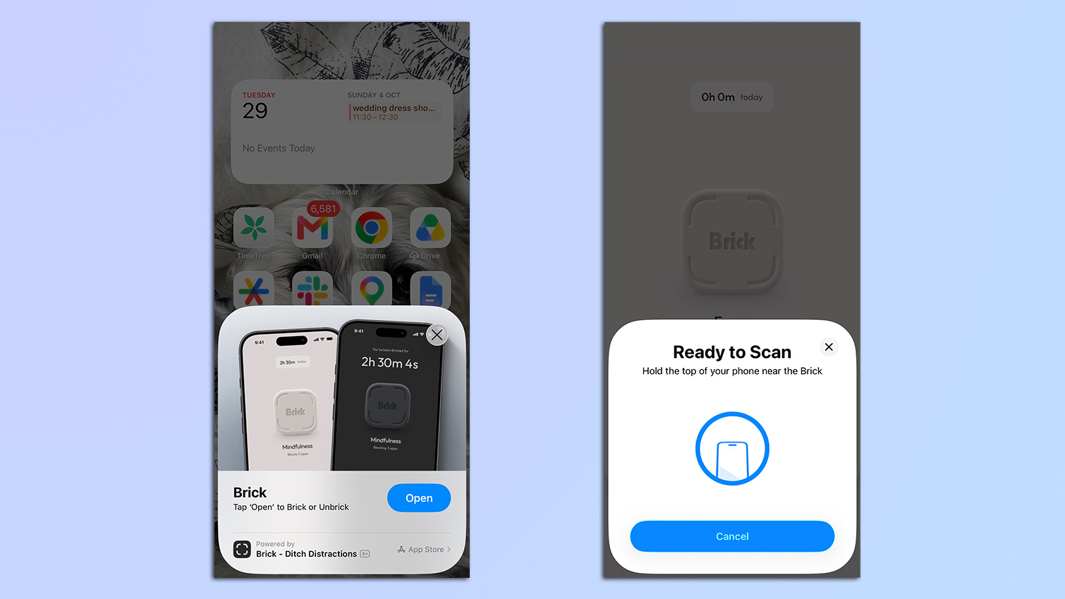 Screenshots from the Brick app
