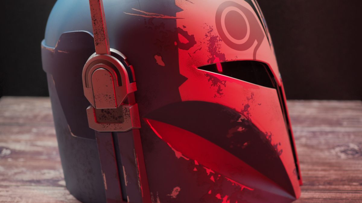 A side-on view of The Black Series Bo-Katan helmet