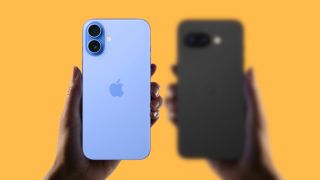 Apple iPhone 16 being held by a hand with the Google Pixel 9a in the background out of focus on a yellow background.