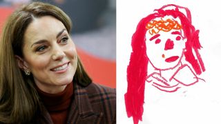 A photo of Kate Middleton smiling and looking to the right next to a drawing of Kate by Prince Louis