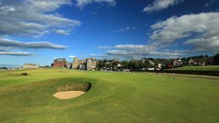 St Andrews Old Course 17th green, 18th hole and the town in the background