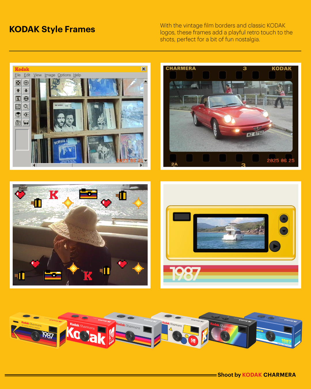 Three Kodak Style Frames to showcase their variety, an image from the Chamera back and six Charmera models displayed behind a yellow background