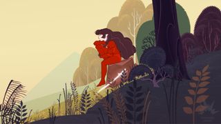 A stylised illustration of a girl sat on a tree stump in a forest, sword by her side