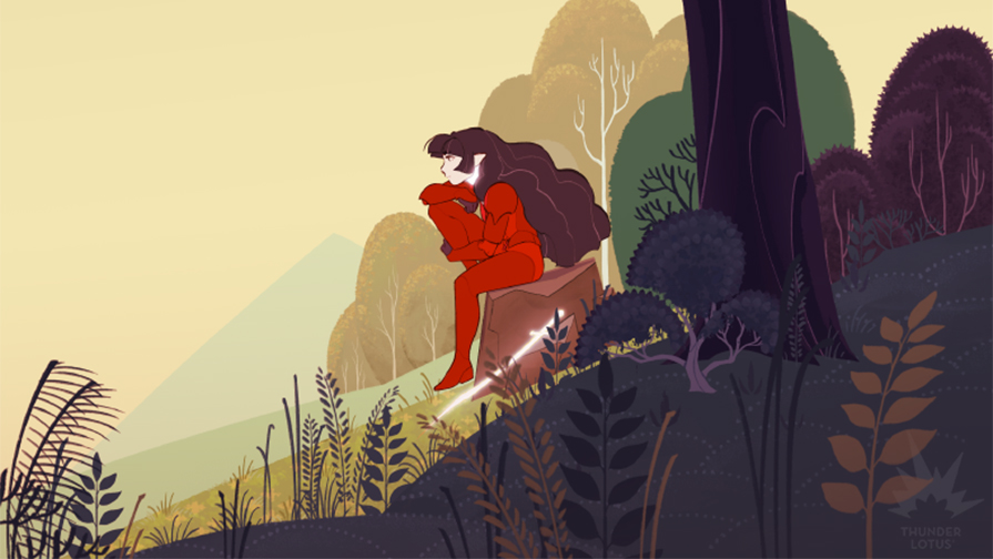 A stylised illustration of a girl sat on a tree stump in a forest, sword by her side