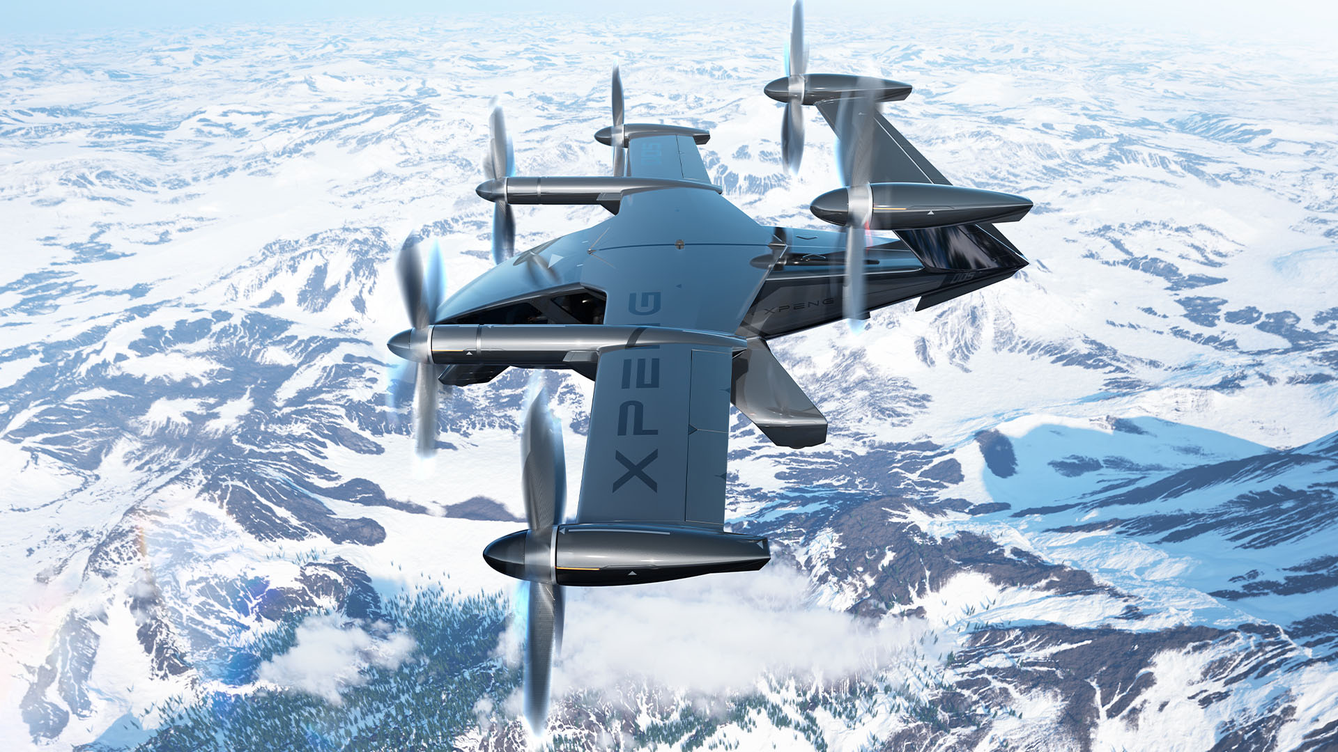 The Xpeng A868 flying car shown flying above a snowy mountain range.