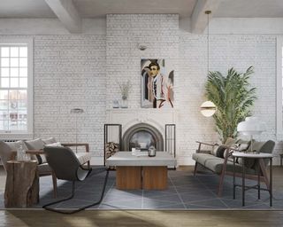 Living room with wood floor, gray geometric rug and white walls