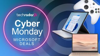 Two Microsoft Surface products and an Xbox controller on a TechRadar Cyber Monday deals overlay