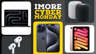 Cyber Monday header with MacBook Pro, iPad mini 6, HomePod 2, iPhone 15 Pro and AirPods Pro 2