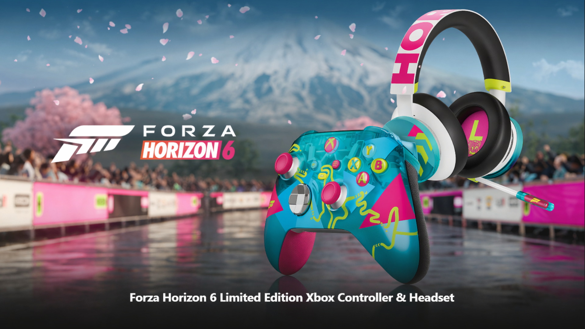 Limited edition Forza Horizon 6 Xbox controller and headset in vibrant blue, pink, and yellow. In the background, a racetrack and mountain view.