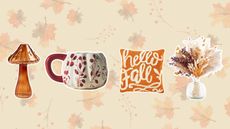 A collage of fall home decor buys on an autumnal background