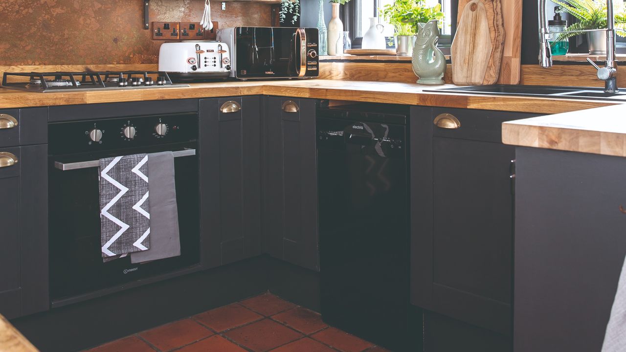 A dark kitchen with an oven and dishwasher