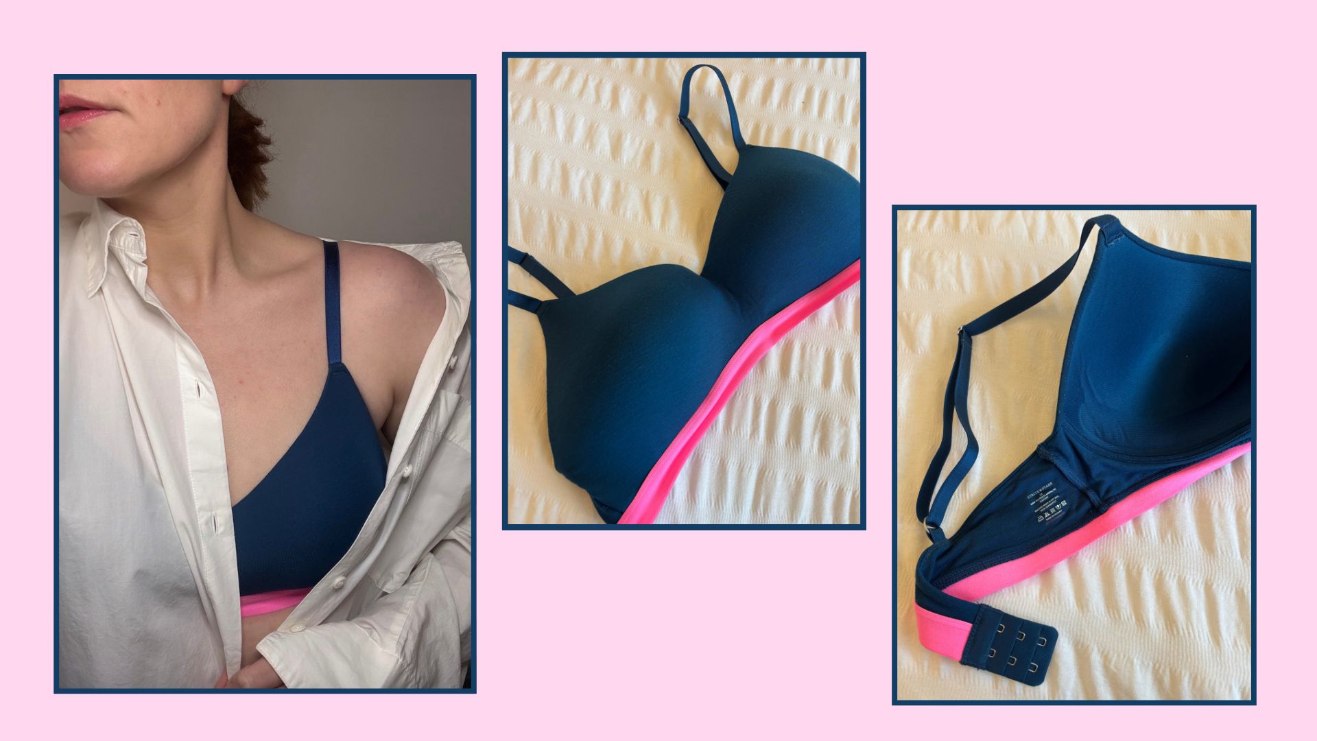 matilda wearing the stripe and stare bra next to two flat lay shots 