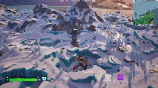 Fortnite - a player skydives towards the snow-covered Brutal Bastion base