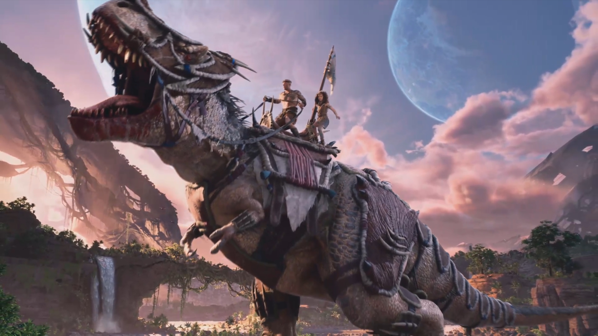 ark 2 - two characters ride a saddled tyrannosaurus rex
