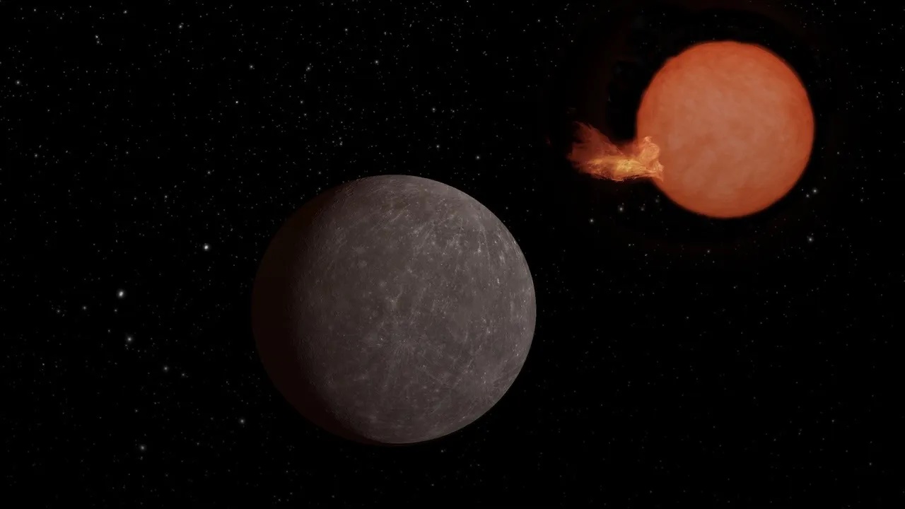 An artist's concept of the exoplanet SPECULOOS-3 b orbiting its red dwarf star.