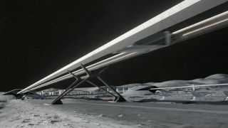 an elevated railroad-like structure on a grey dusty landscape