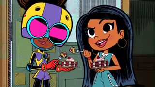 Moon Girl and Devil Dinosaur season 2 screenshot featuring Moon Girl and another character eating cake