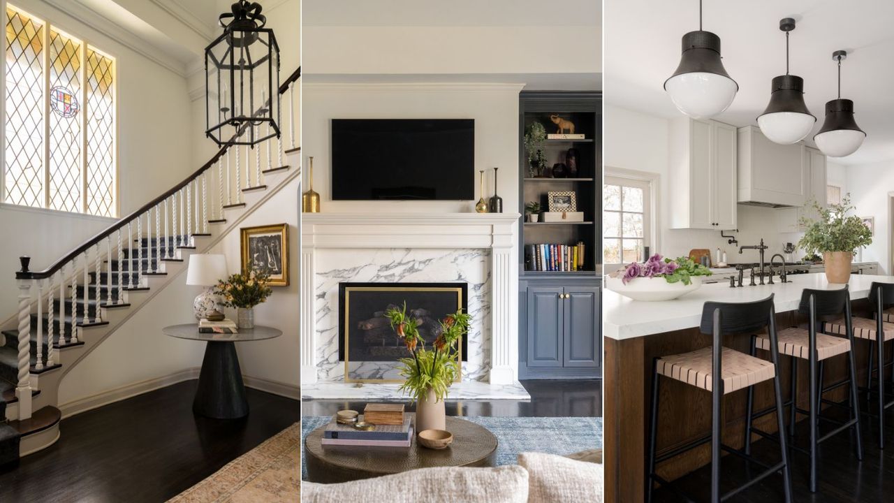 An entryway staircase, living room with marble fireplace and a kitchen with an island and three hanging light fixtures