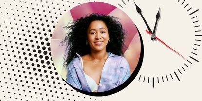 Headshot of Naomi Osaka overlaid Beauty around the clock background 