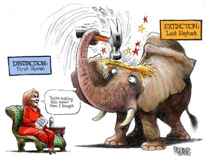 Political cartoon U.S. Hillary Clinton first woman presidential candidate elephant in the room Donald Trump self-imploding