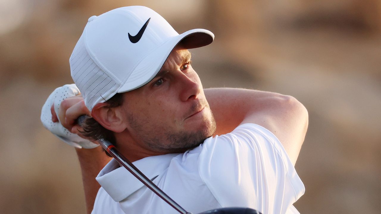 Thomas Pieters takes a tee shot during the 2023 Abu Dhabi HSBC Championship at Yas Links