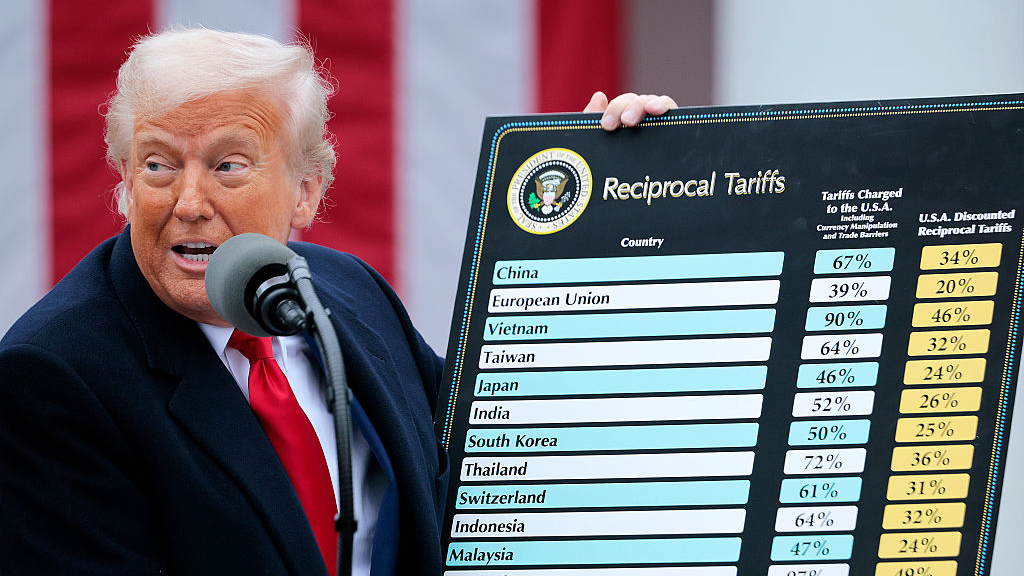 U.S. President Donald Trump holds up a board displaying tariffs