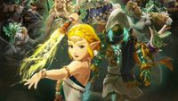 Princess Zelda stands in front of a pack of characters including Calamo, a Mysterious Construct, King Rauru, Queen Sonia, Mineru, and others in key art for Hyrule Warriors: Age of Imprisonment - slightly cropped for use as a header and thumbnail