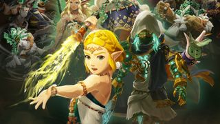 Princess Zelda stands in front of a pack of characters including Calamo, a Mysterious Construct, King Rauru, Queen Sonia, Mineru, and others in key art for Hyrule Warriors: Age of Imprisonment - slightly cropped for use as a header and thumbnail
