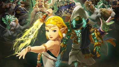 Princess Zelda stands in front of a pack of characters including Calamo, a Mysterious Construct, King Rauru, Queen Sonia, Mineru, and others in key art for Hyrule Warriors: Age of Imprisonment - slightly cropped for use as a header and thumbnail