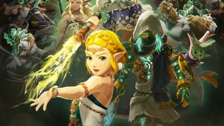 Princess Zelda stands in front of a pack of characters including Calamo, a Mysterious Construct, King Rauru, Queen Sonia, Mineru, and others in key art for Hyrule Warriors: Age of Imprisonment - slightly cropped for use as a header and thumbnail