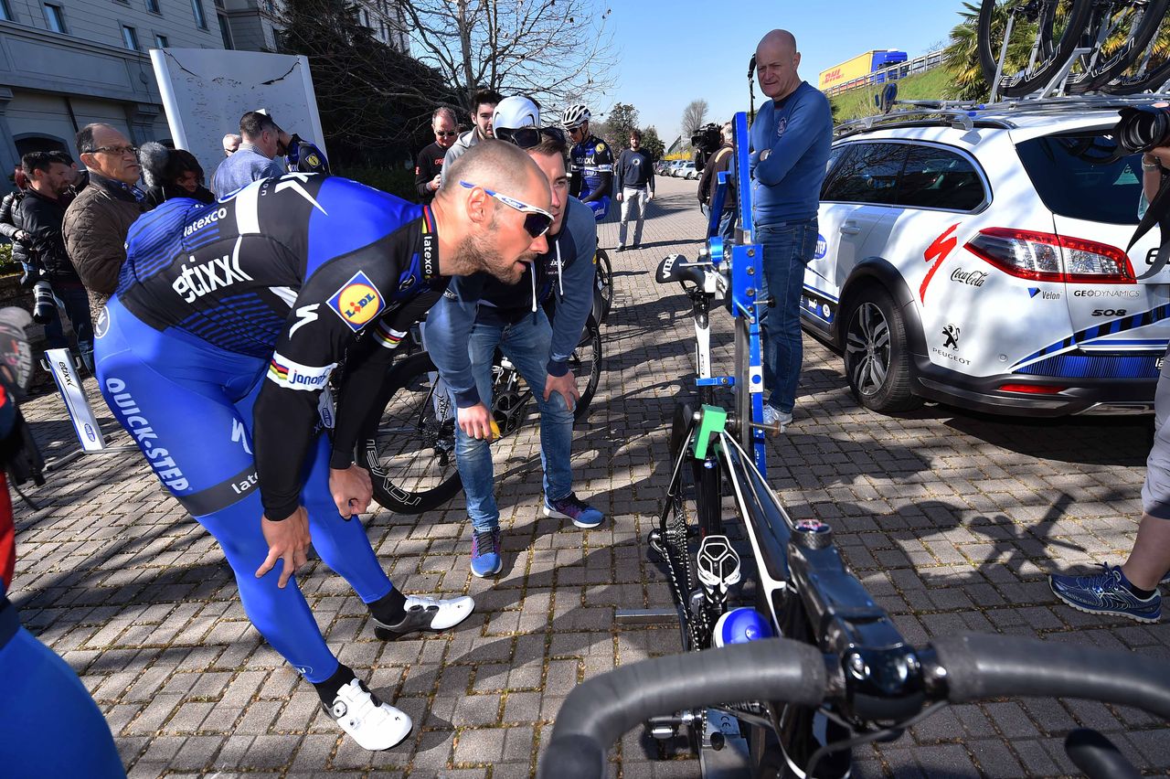 Tom Boonen makes sure everything is alright with his bike
