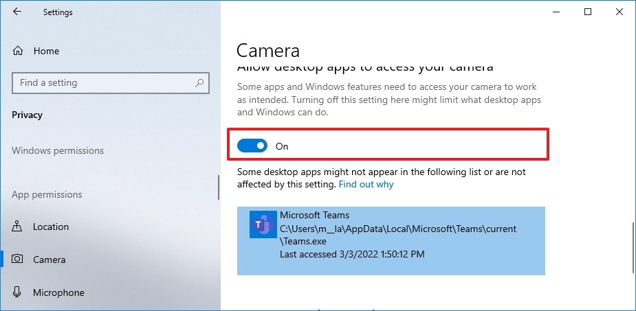 Windows 10 allow camera Microsoft Teams