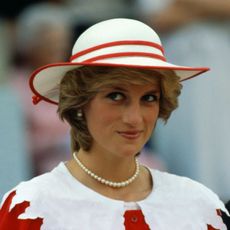 diana, princess of wales, wears an outfit in the colors of canada during a state visit to edmonton, alberta, with her husband