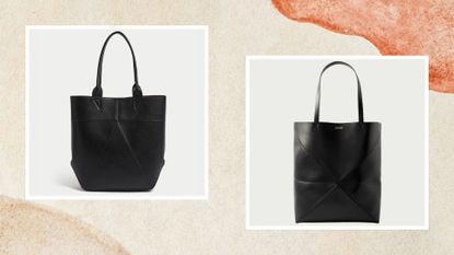 composite of m&amp;s faux leather tote and loewe fold puzzle tote in black