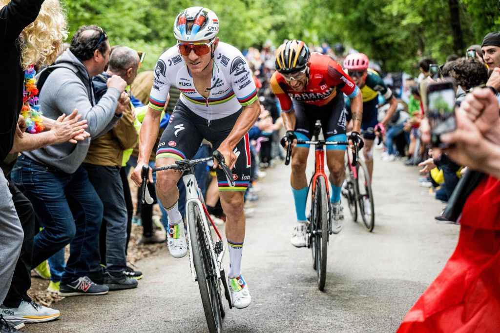 Belgian Remco Evenepoel of Soudal QuickStep pictured in action during stage eight of the 2023 Giro DItalia cycling race from Terni and to Fossombrone 207 km in Italy Saturday 13 May 2023 The 2023 Giro takes place from 06 to 28 May 2023 BELGA PHOTO JASPER JACOBS Photo by JASPER JACOBS BELGA MAG Belga via AFP Photo by JASPER JACOBSBELGA MAGAFP via Getty Images