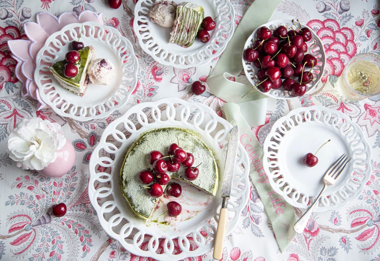 Matcha and cherry mille crêpe cake with no-churn cherry ice cream