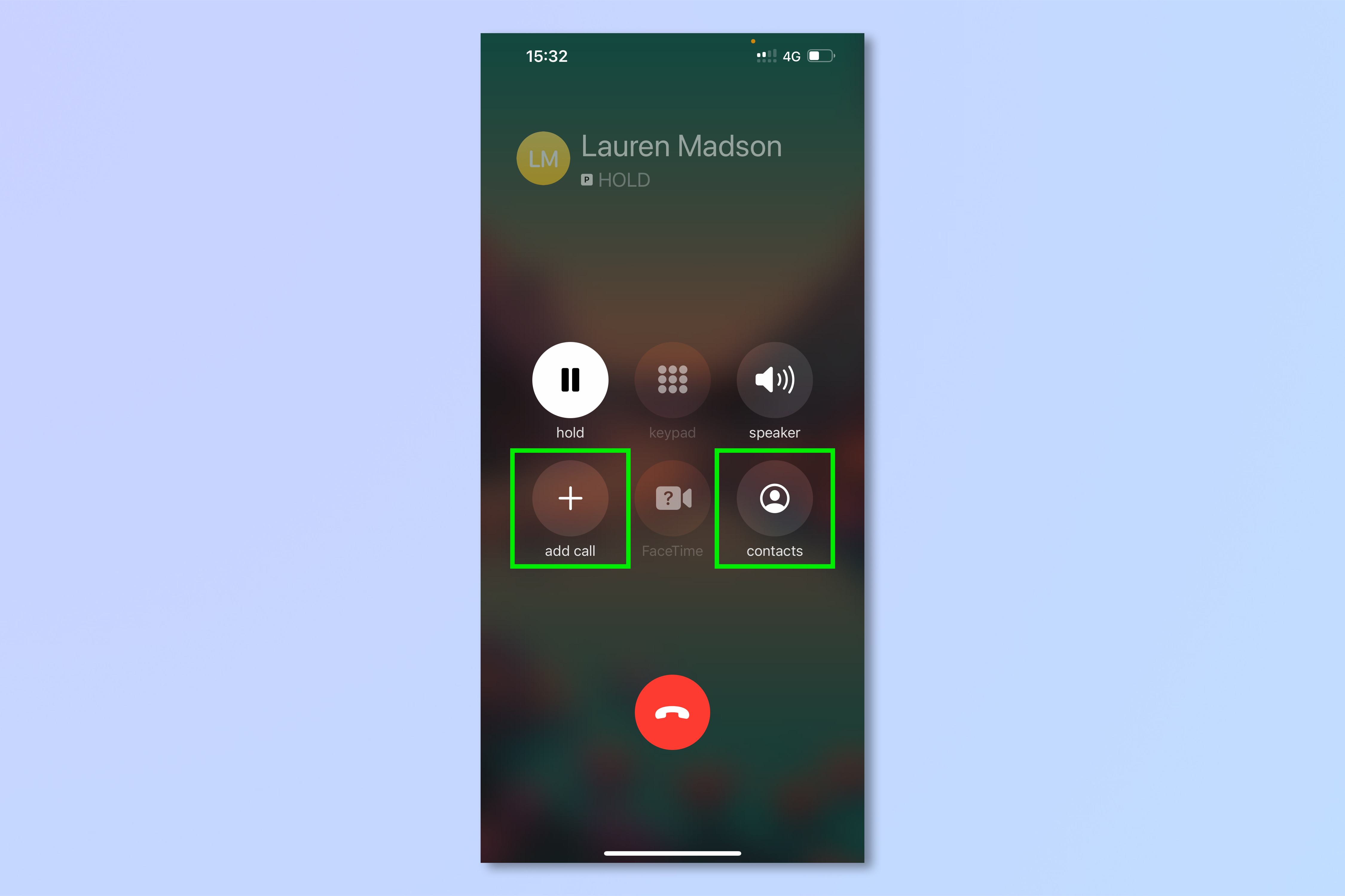 A screenshot showing how to put someone on hold on iPhone