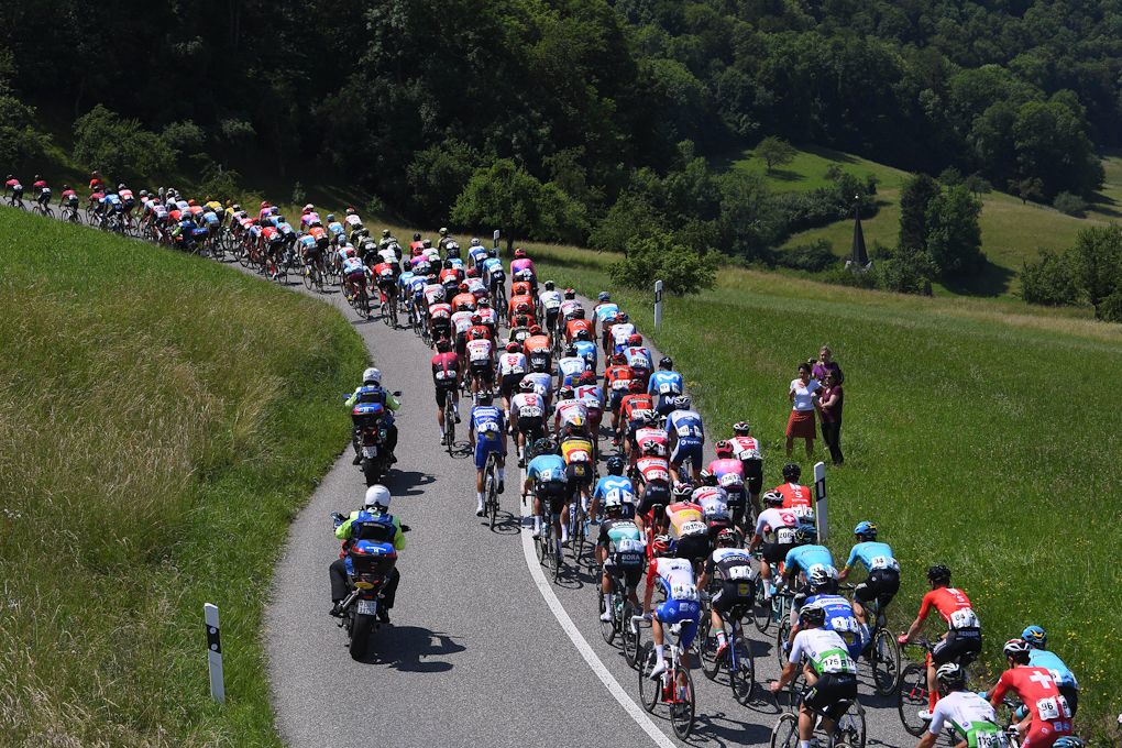 The Tour de Suisse peloton in action during stage 5