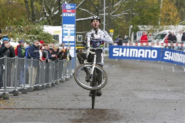 Mathieu van der Poel celebrates another win with style