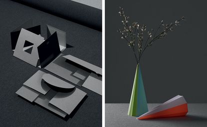 Left, grey paper objects. Right, two paper vases with flowers in