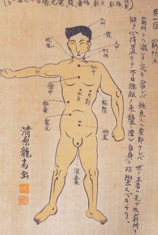This chart illustrates Kyusho, which are points on a man's body that when struck hard can incapacitate him.