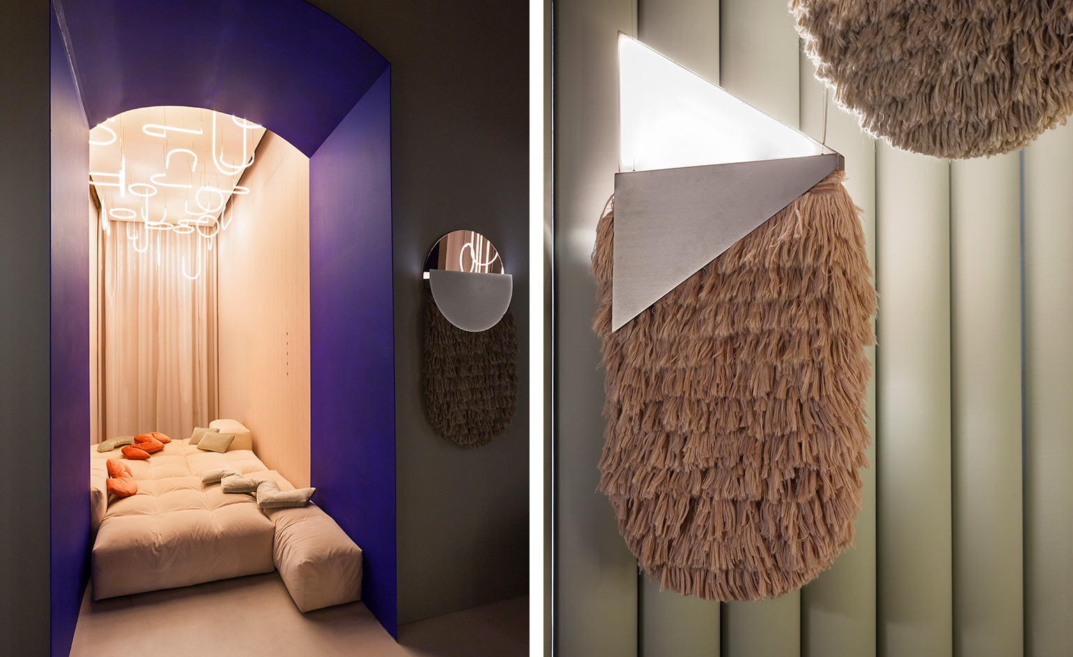 Two side-by-side interior photos of Studiopepe’s Club Unseen. The first photo is of a small room filled with pink seating and cushions in different shapes. It also has pink curtains at the back, pink walls, multiple curved ceiling lights and a purple arch at the entrance. Outside the room is a round wall-mounted mirror with a fluffy wall hanging beneath it. And the second photo is a close up of a pink fluffy wall hanging with a triangular light and metal element at the top