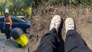 a photo of the author with camping gear in one photo and wearing the keen hyperport h2s on a hiking trail on the other photo