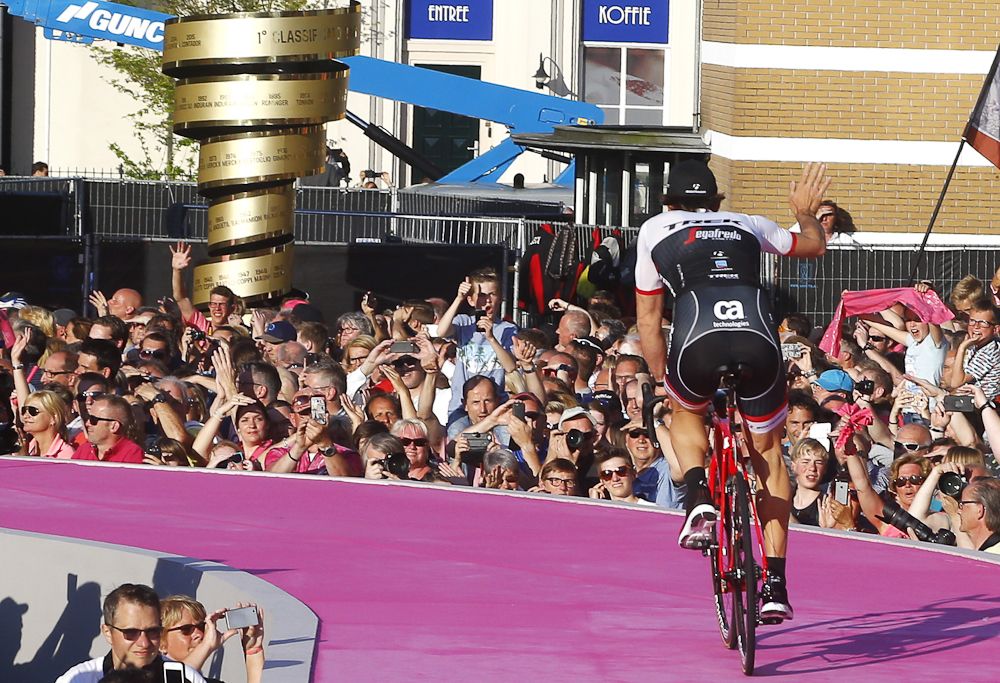 Fabian Cancellara rides onto the Giro presentation stage