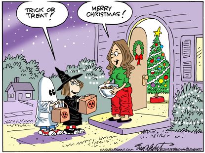 Editorial cartoon U.S. holidays Halloween trick or treat Christmas already