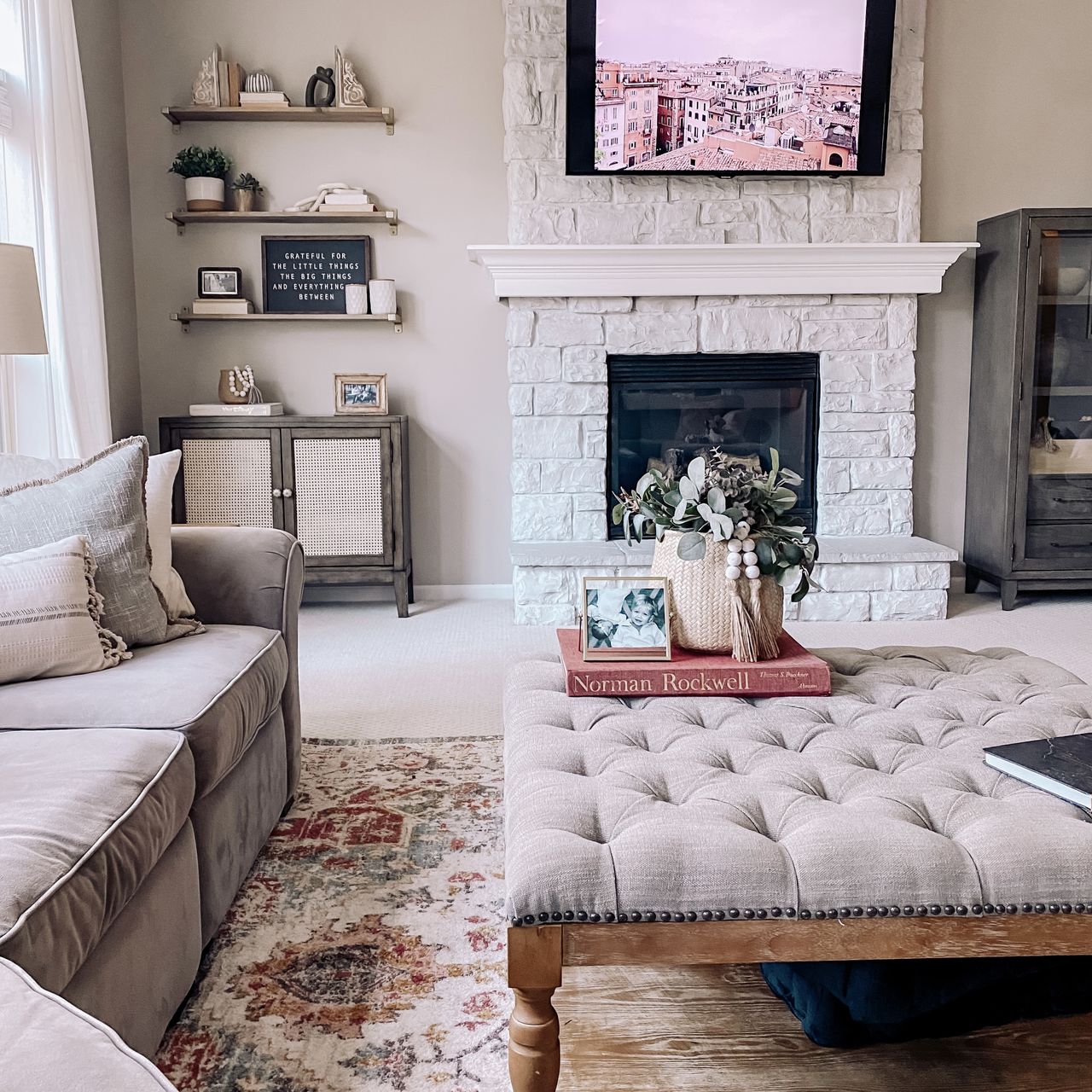 whitewashed fire place