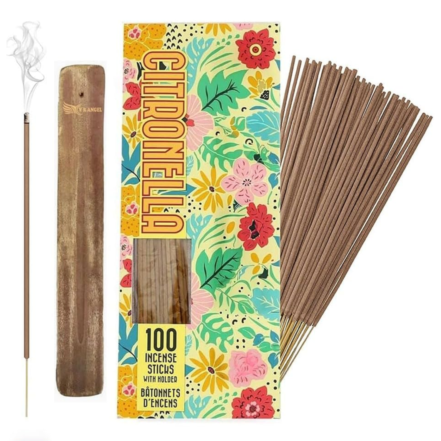 A wood incense holder, a box of incense sticks and some loose incense