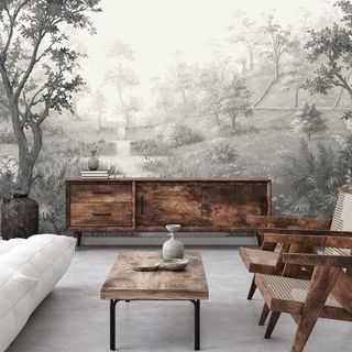 printed wallpaper on walls with brown cabinet and table