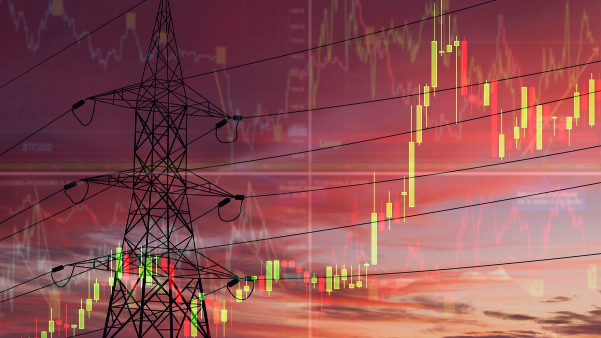 An image of a UK electricity pylon, with a graph overlaid representing energy prices. Decorative: the pylon is set against red clouds in the sky, lit by a sunset.