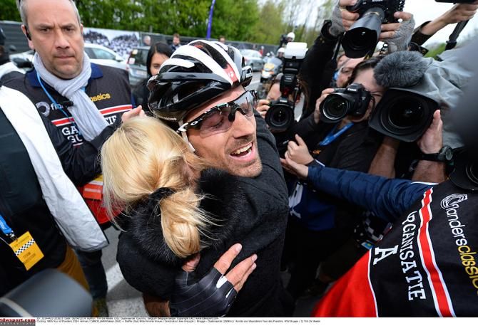 Fabian Cancellara embraces his wife after winning his third Tour of Flanders